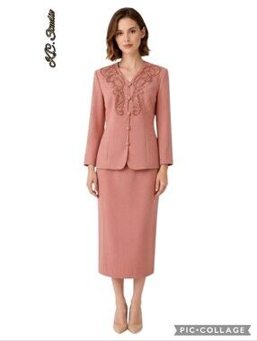 K.C. Studio dusty rose suit rhinestone embroidery jacket lined pencil skirt, NWT